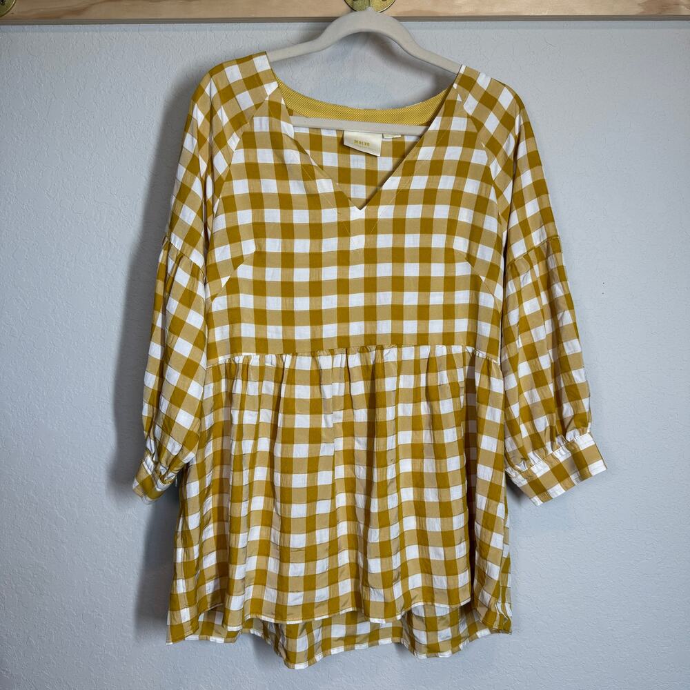 Women's Anthropologie Maeve Mustard Gingham Check Pullover Blouse Size‎ Medium